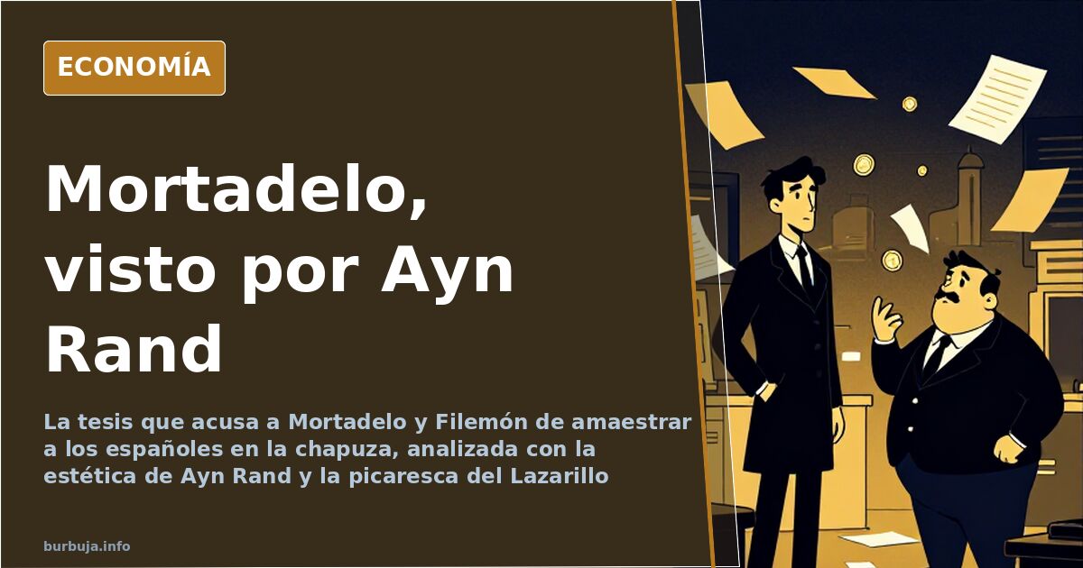 Viñetas apiladas y gráficos en azul marino y oro ilustran el análisis de Mortadelo según la teoría artística de Ayn Rand