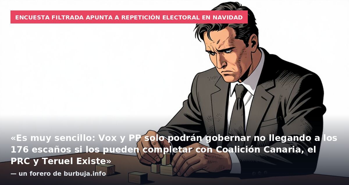 Encuesta filtrada apunta a repetición electoral en Navidad: «Es muy sencillo: Vox y PP solo podrán gobernar no llegando a los 176 escaños si los pueden completar con Coalición Canaria, el PRC y Teruel Existe» — un forero de burbuja.info