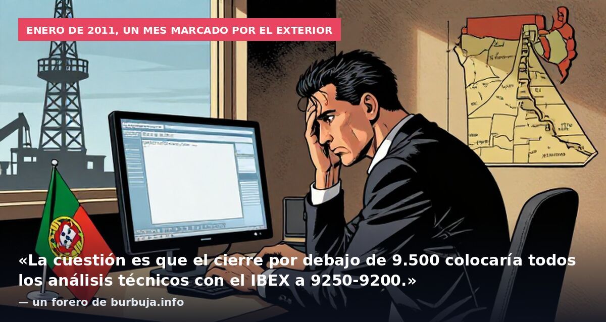 Enero de 2011, un mes marcado por el exterior: «La cuestión es que el cierre por debajo de 9.500 colocaría todos los análisis técnicos con el IBEX a 9250-9200.» — un forero de burbuja.info