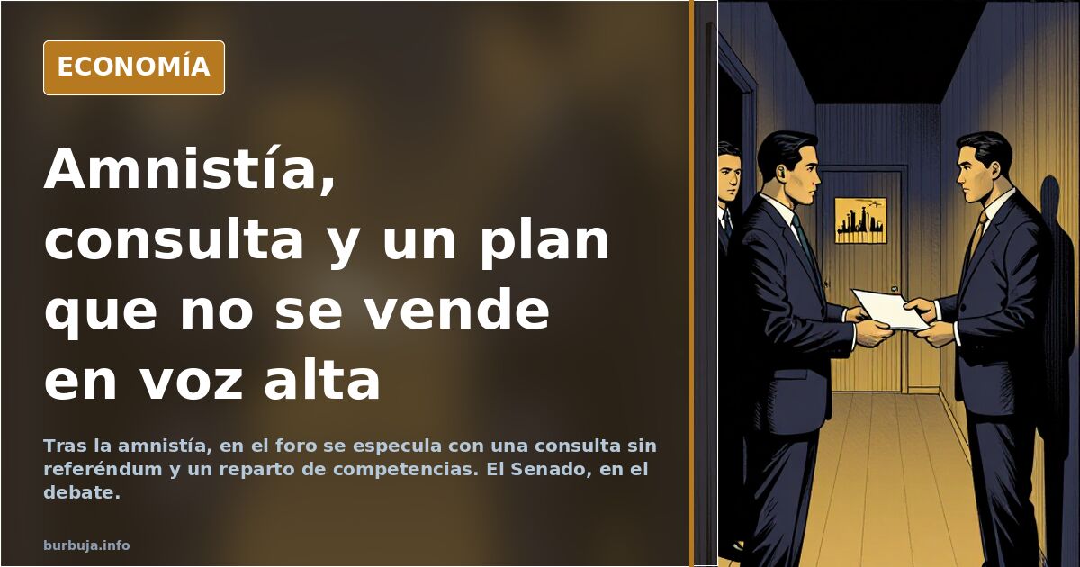 Ilustración editorial sobre la amnistía y la consulta en Cataluña, con gráficos y documentos de financiación autonómica