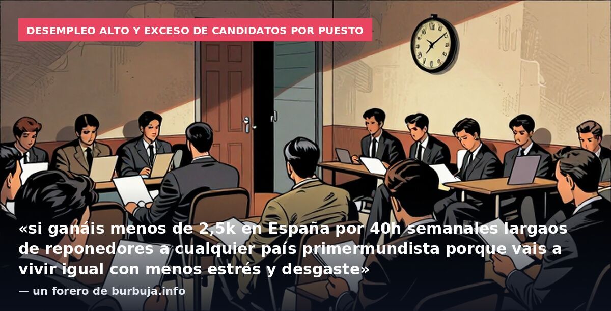 Desempleo alto y exceso de candidatos por puesto: «si ganáis menos de 2,5k en España por 40h semanales largaos de reponedores a cualquier país primermundista porque vais a vivir igual con menos estrés y desgaste» — un forero de burbuja.info