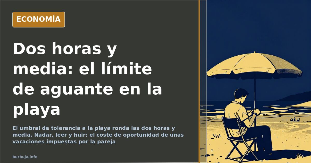Hombre tumbado bajo una sombrilla en una playa abarrotada mirando el reloj durante unas vacaciones impuestas