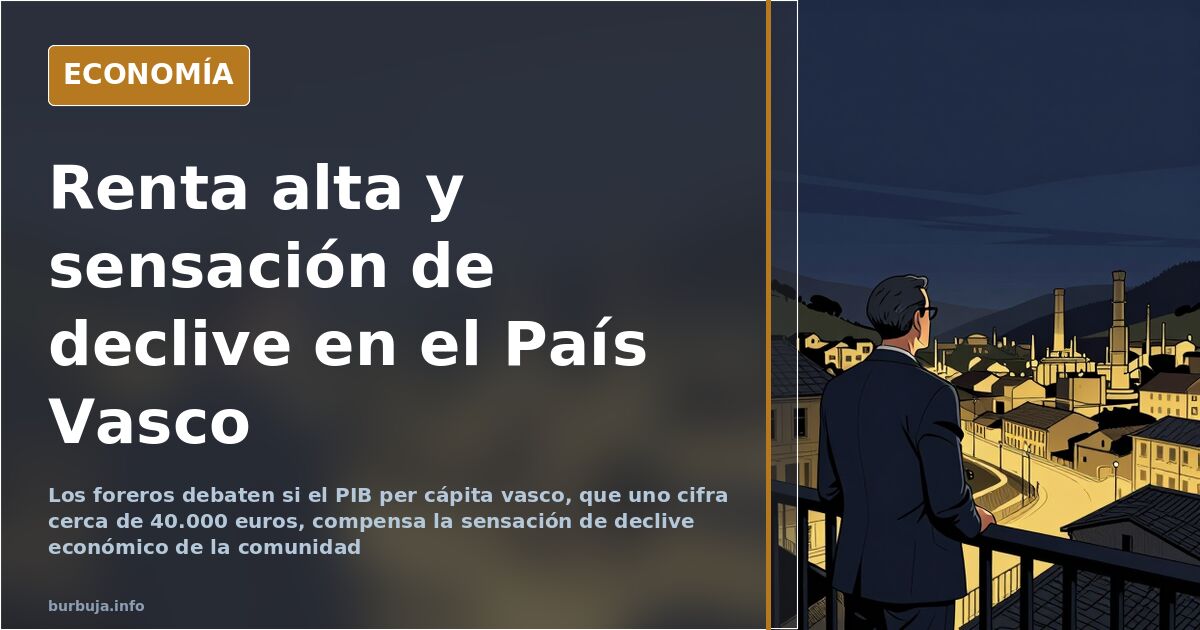 Paisaje industrial vasco con gráficos de renta per cápita sobre el debate en torno al estancamiento económico