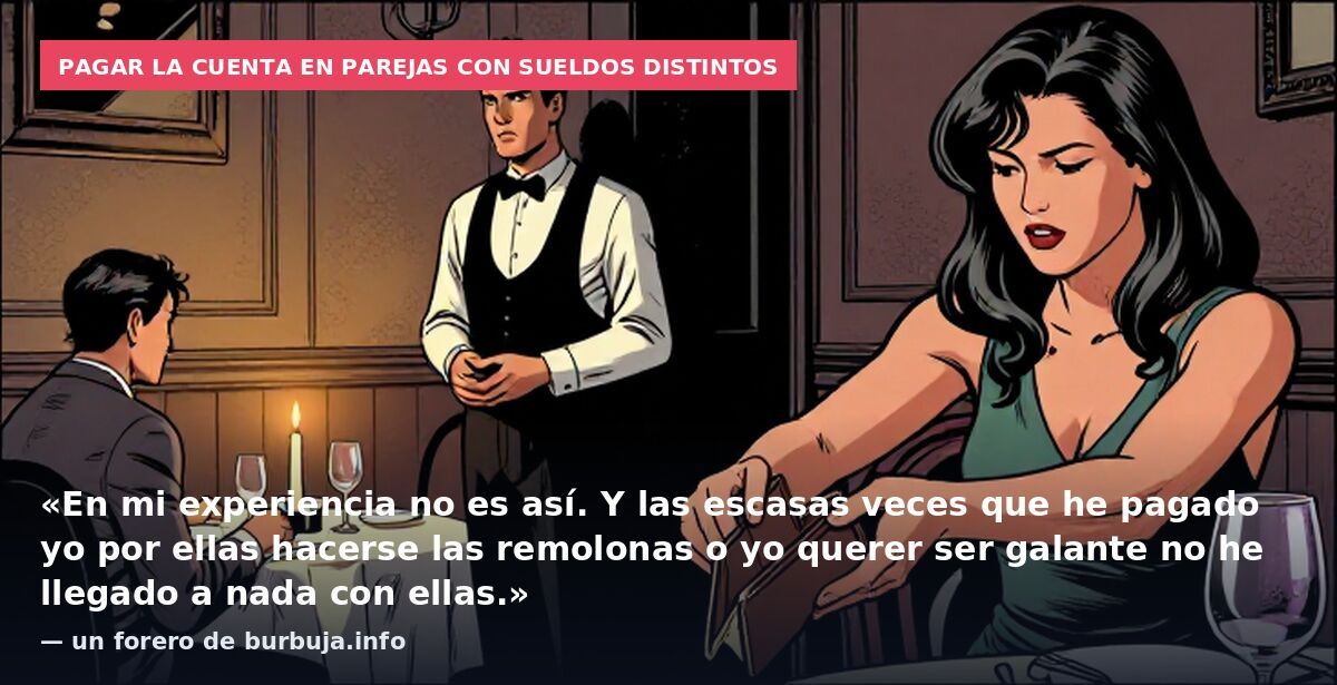 Pagar la cuenta en parejas con sueldos distintos: «En mi experiencia no es así. Y las escasas veces que he pagado yo por ellas hacerse las remolonas o yo querer ser galante no he llegado a nada con ellas.» — un forero de burbuja.info