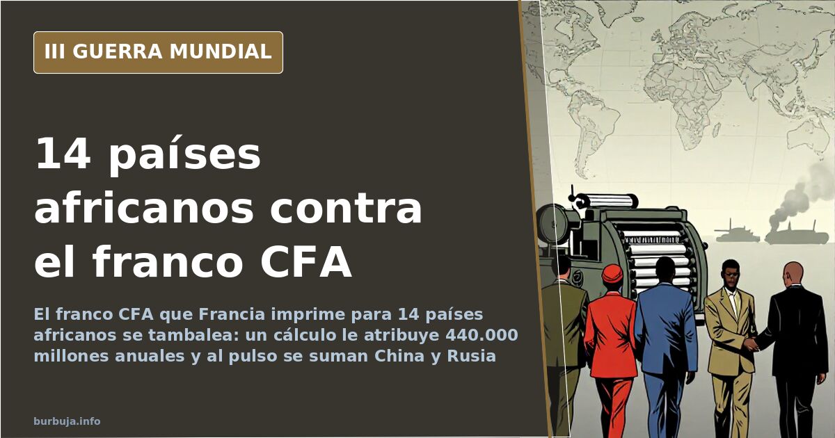Mapa de África desaturado con siluetas de tropas en retirada y el franco CFA como eje del pulso geopolítico