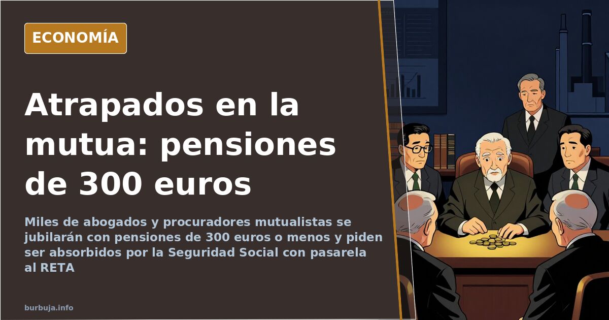 Ilustración editorial en azul marino y dorado con gráficos descendentes y monedas simbolizando las pensiones de abogados mutu