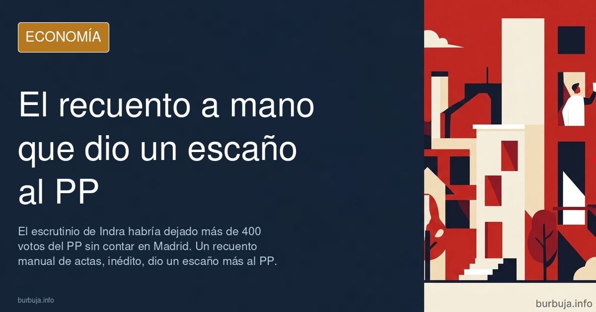 Infografía de recuento manual de actas electorales en Madrid con gráfico de barras y papeletas sobre mesa