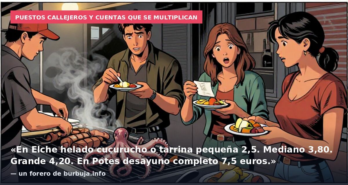 Puestos callejeros y cuentas que se multiplican: «En Elche helado cucurucho o tarrina pequeña 2,5. Mediano 3,80. Grande 4,20. En Potes desayuno completo 7,5 euros.» — un forero de burbuja.info