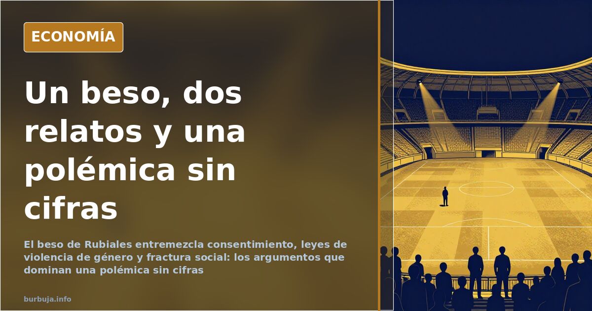 Ilustración editorial de un palco de fútbol y dos multitudes enfrentadas tras el beso de Rubiales