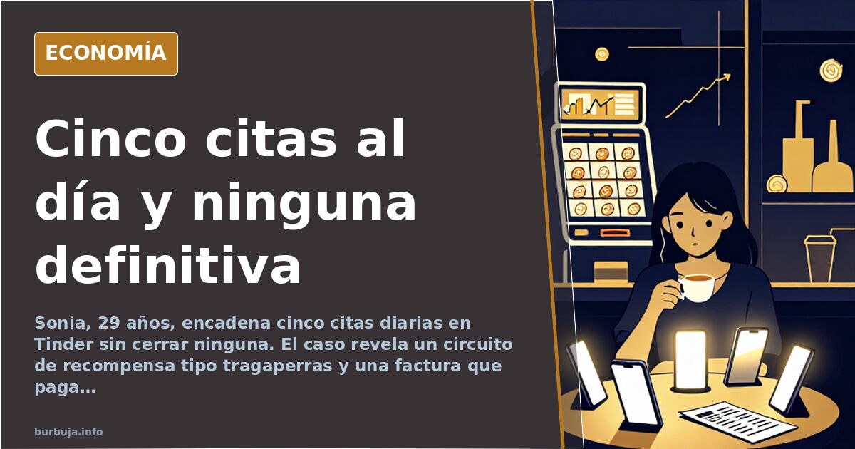 Teléfono móvil mostrando una app de citas con una espiral de perfiles girando sobre un fondo azul marino y dorado