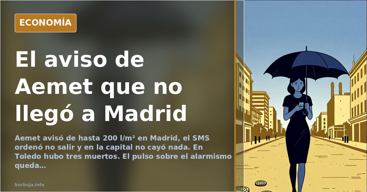 Ilustración editorial sobre la alerta de Aemet en Madrid con mapa de lluvias y un móvil mostrando el aviso a la población
