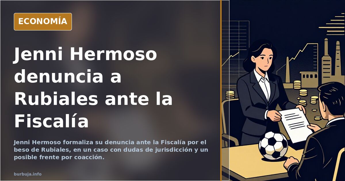 Ilustración editorial con balanza de la justicia y gráficos sobre la denuncia de Jenni Hermoso a Rubiales ante la Fiscalía