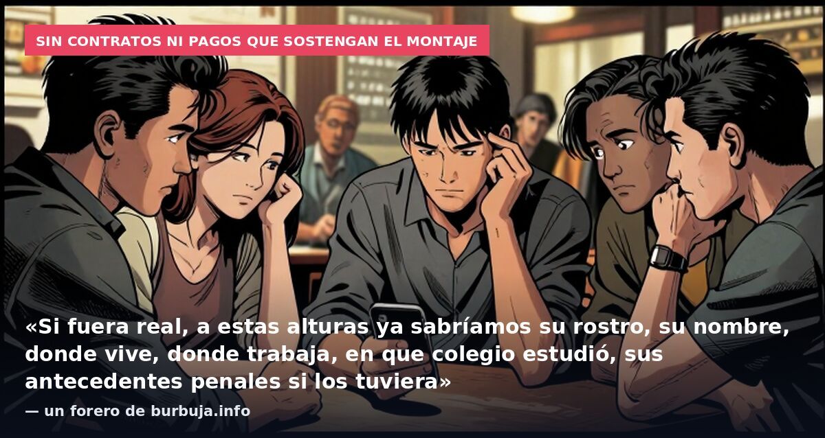 Sin contratos ni pagos que sostengan el montaje: «Si fuera real, a estas alturas ya sabríamos su rostro, su nombre, donde vive, donde trabaja, en que colegio estudió, sus antecedentes penales si los tuviera» — un forero de burbuja.info