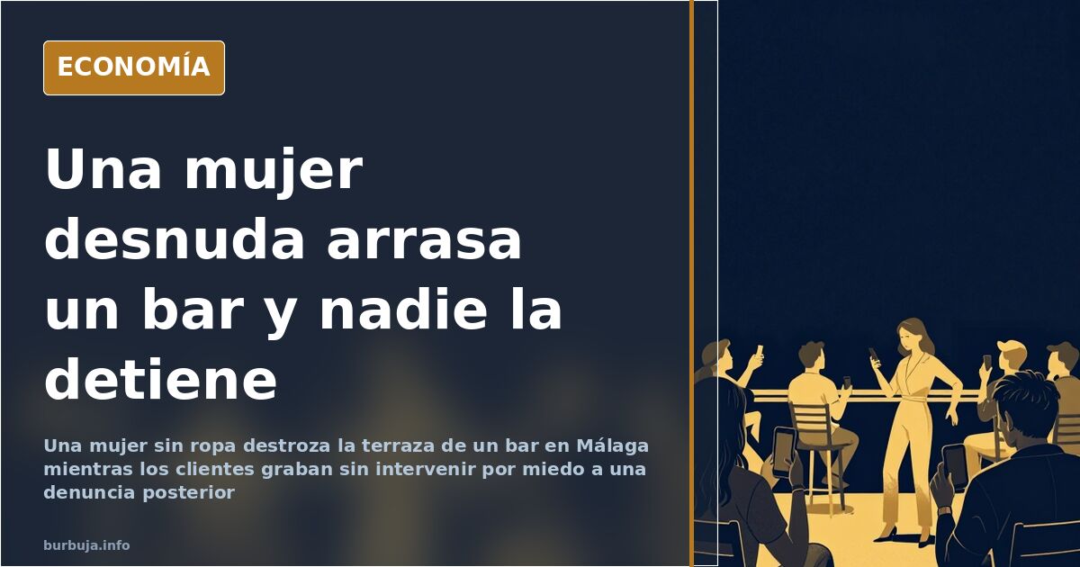 Terraza de bar con mesas y sillas volcadas tras el altercado protagonizado por una mujer desnuda en Málaga