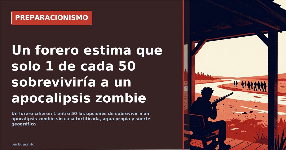 Persona con mochila y linterna frente a una casa fortificada en un escenario de apocalipsis zombie
