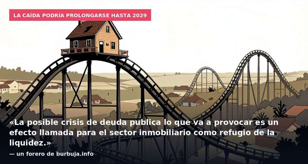 La caída podría prolongarse hasta 2029: «La posible crisis de deuda publica lo que va a provocar es un efecto llamada para el sector inmobiliario como refugio de la liquidez.» — un forero de burbuja.info