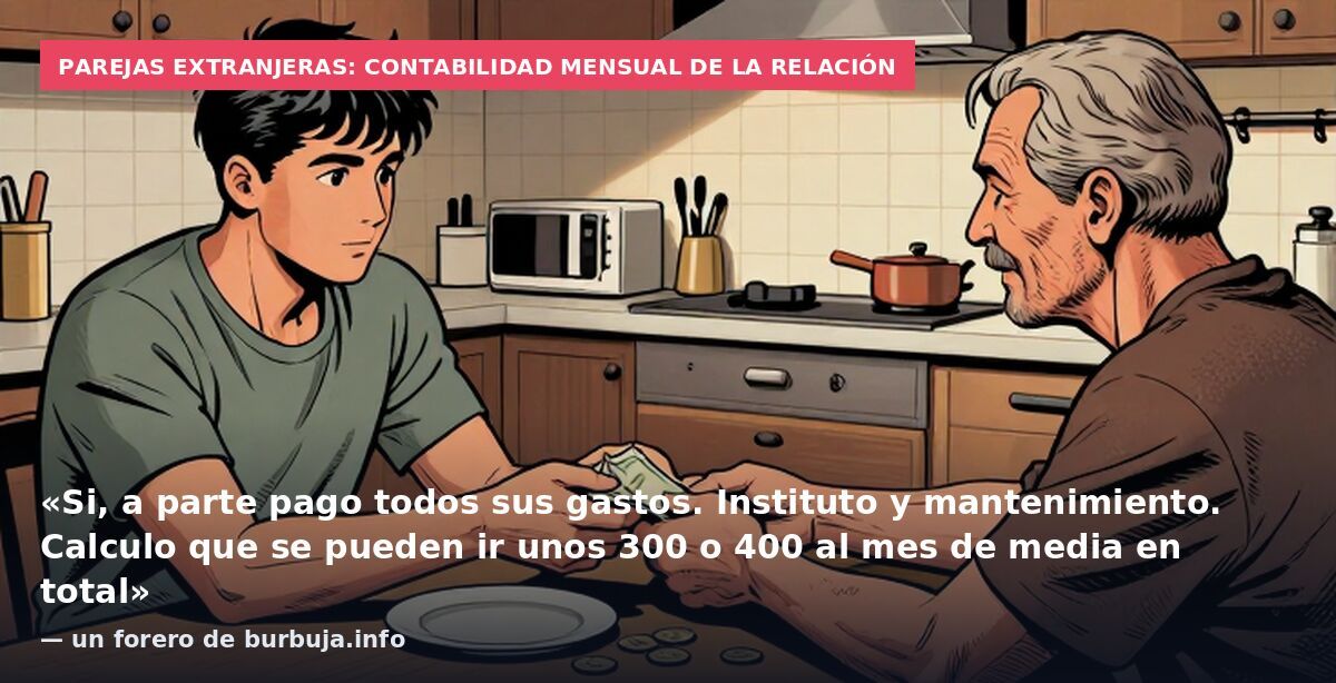 Parejas extranjeras: contabilidad mensual de la relación: «Si, a parte pago todos sus gastos. Instituto y mantenimiento. Calculo que se pueden ir unos 300 o 400 al mes de media en total» — un forero de burbuja.info