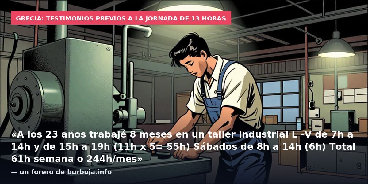 Grecia: testimonios previos a la jornada de 13 horas: «A los 23 años trabajé 8 meses en un taller industrial L -V de 7h a 14h y de 15h a 19h (11h x 5= 55h) Sábados de 8h a 14h (6h) Total 61h semana o 244h/mes» — un forero de burbuja.info