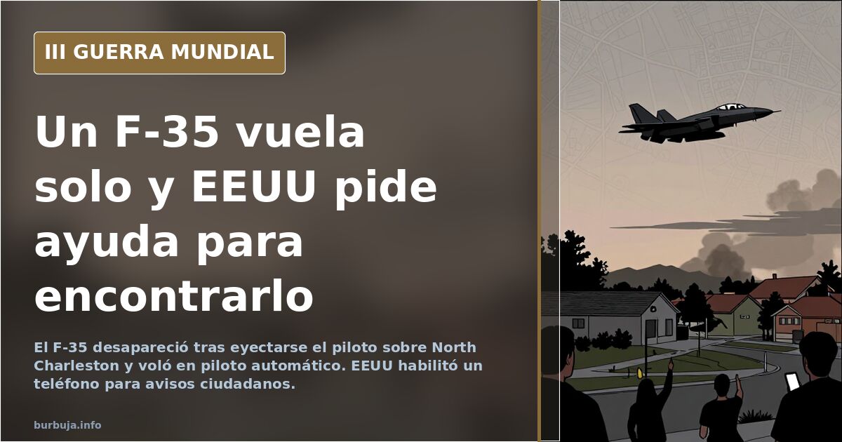 Silueta de un caza F-35 sobre un mapa de Carolina del Sur con líneas de radar y humo lejano en el horizonte