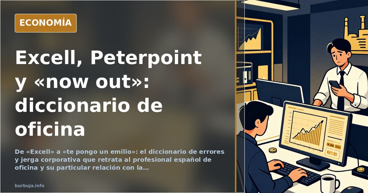 Ilustración editorial de una oficina con monitores antiguos y agendas de anillas, símbolo de la jerga de oficina española
