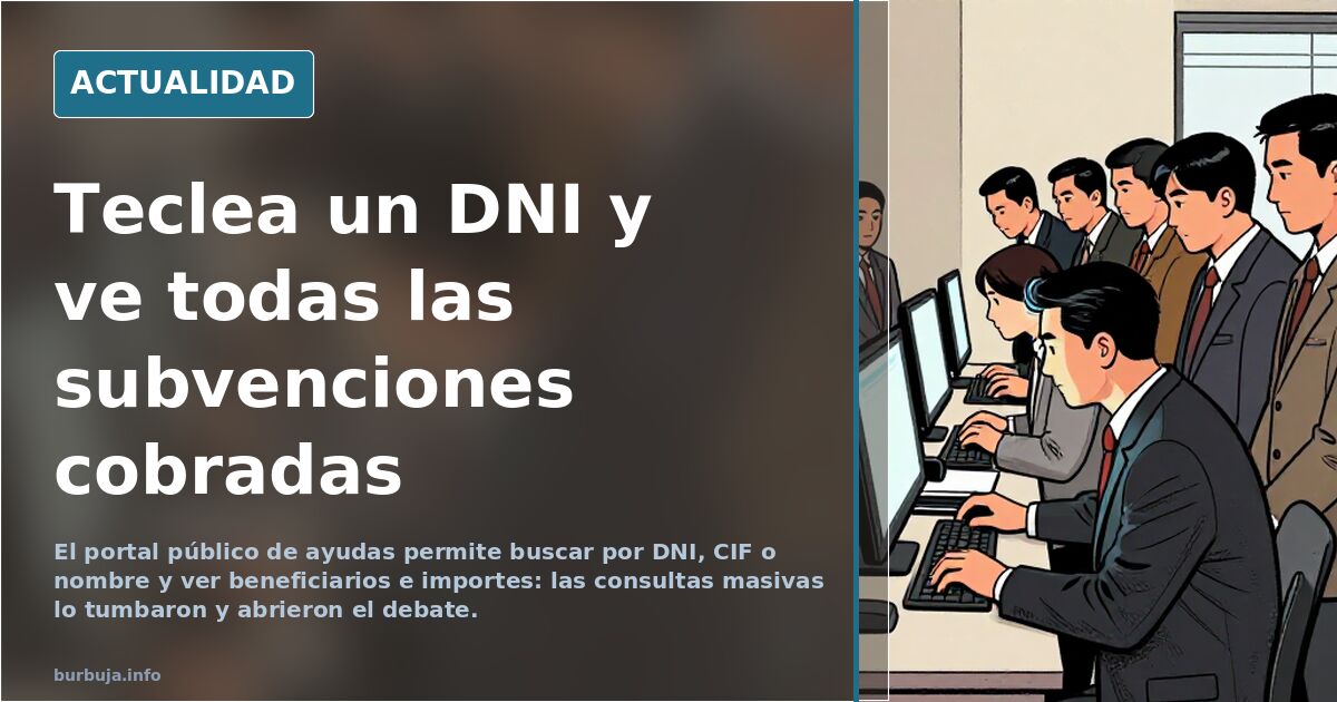 Pantalla de ordenador con el buscador del portal público de subvenciones y una lista de beneficiarios con sus importes