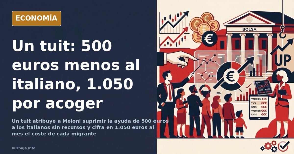 Ilustración editorial de Meloni junto a una balanza con 500 euros a un lado y migrantes cruzando la frontera al otro