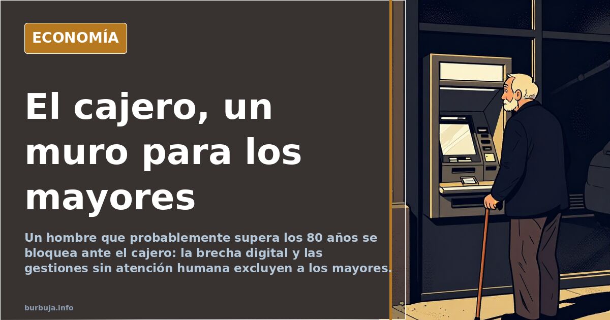 Persona mayor frente a un cajero automático en actitud dubitativa, imagen de la brecha digital