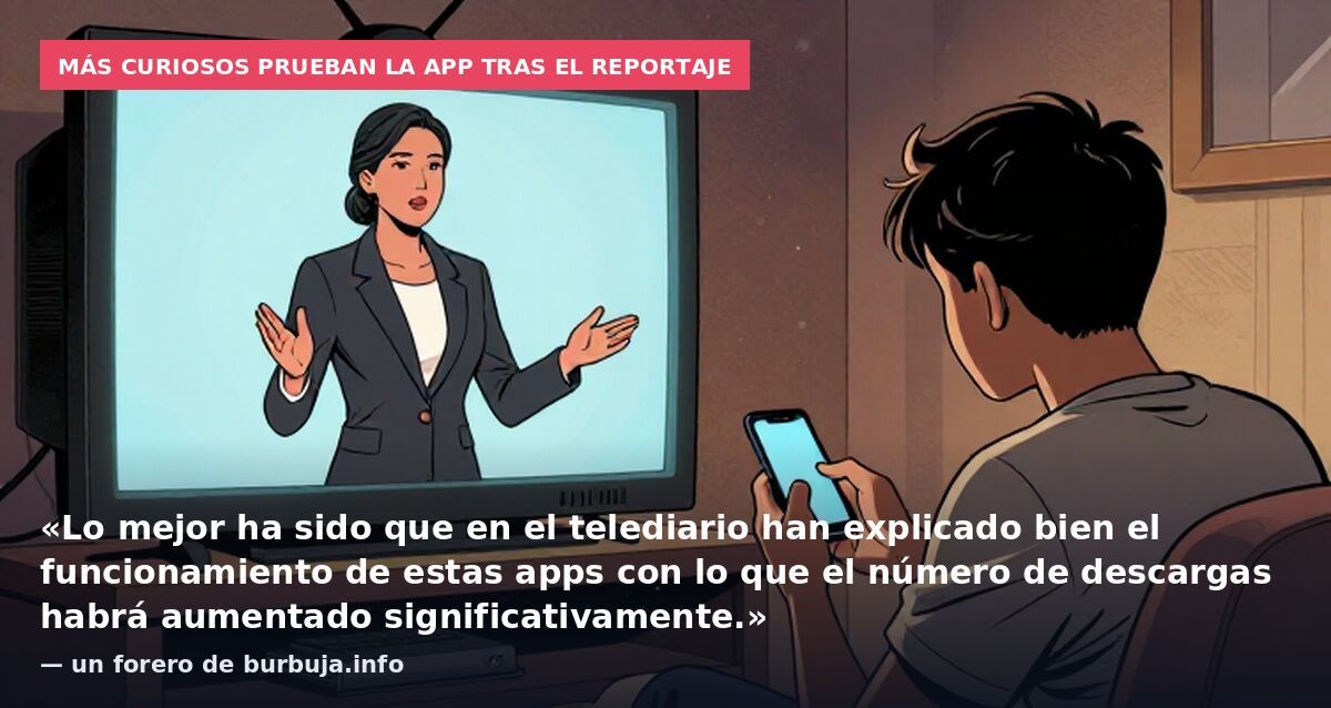 Más curiosos prueban la app tras el reportaje: «Lo mejor ha sido que en el telediario han explicado bien el funcionamiento de estas apps con lo que el número de descargas habrá aumentado significativamente.» — un forero de burbuja.info