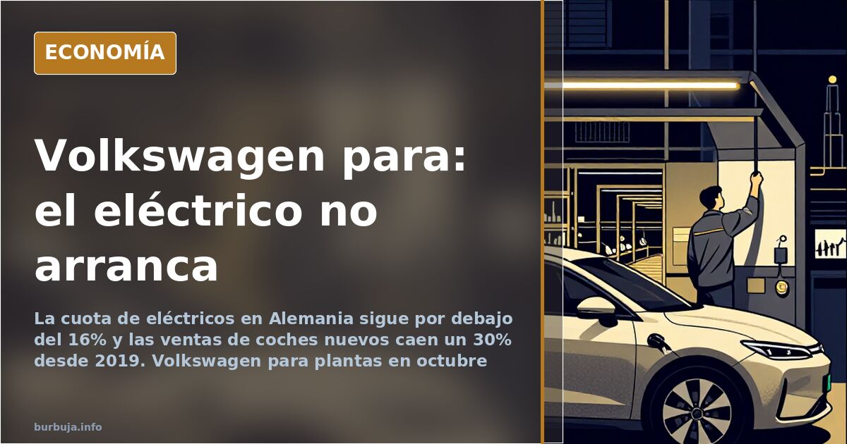 Línea de montaje de coches eléctricos detenida en una fábrica alemana, con gráficos de ventas en descenso en azul y dorado