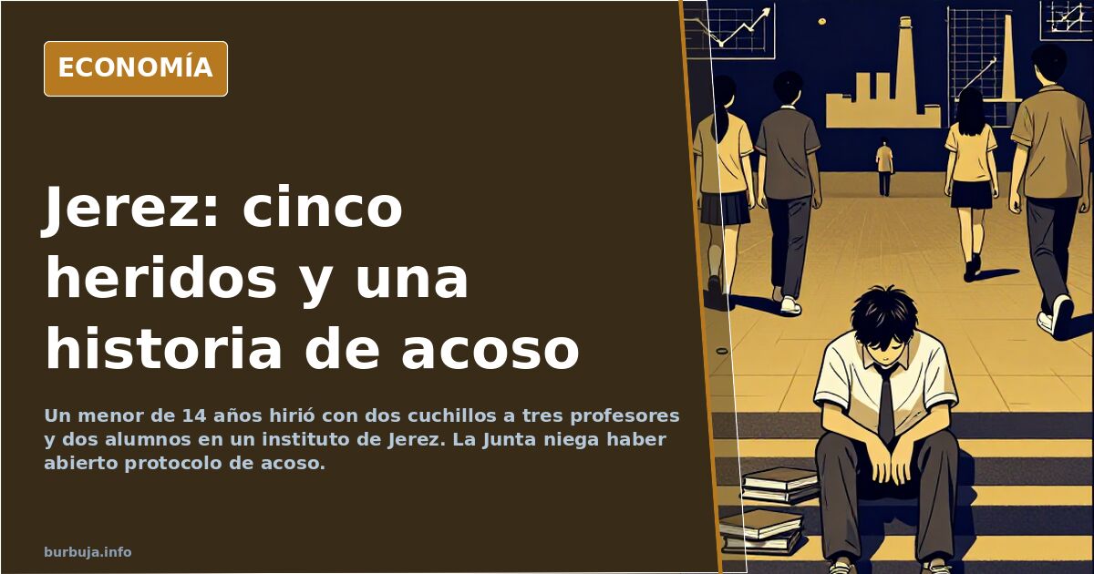 Ilustración editorial sobre el apuñalamiento en un instituto de Jerez con gráficos y siluetas de un centro escolar
