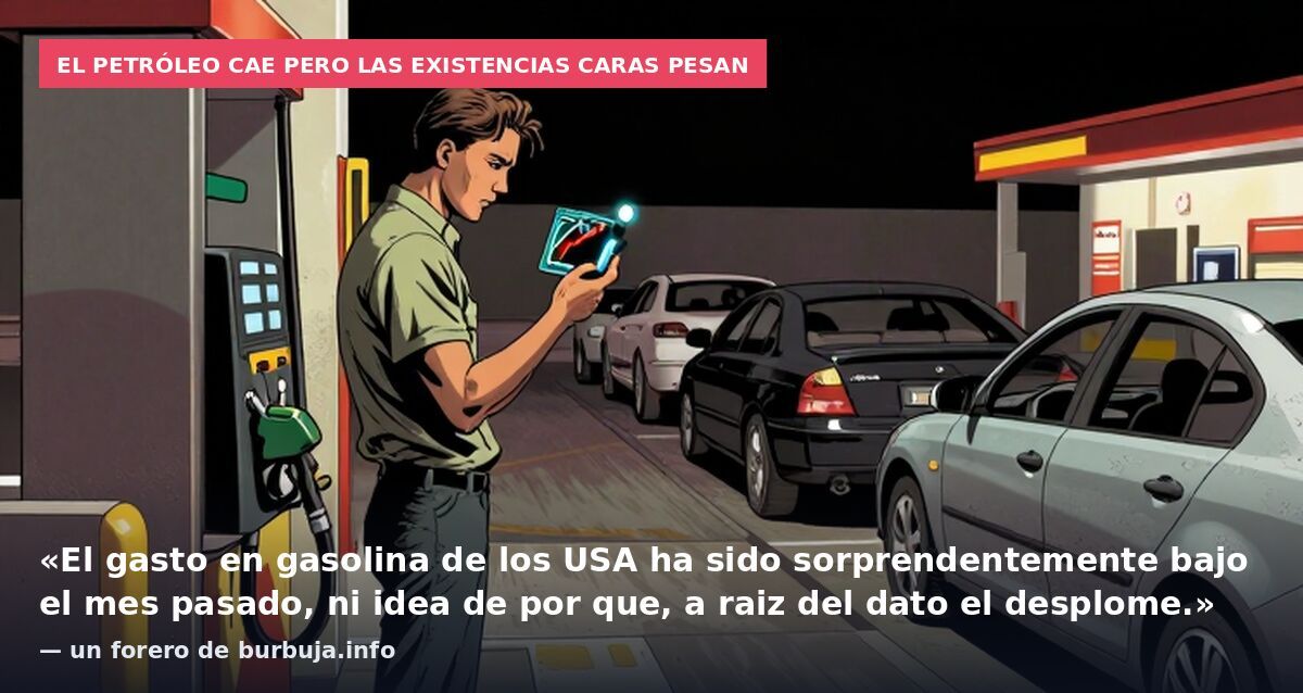 El petróleo cae pero las existencias caras pesan: «El gasto en gasolina de los USA ha sido sorprendentemente bajo el mes pasado, ni idea de por que, a raiz del dato el desplome.» — un forero de burbuja.info