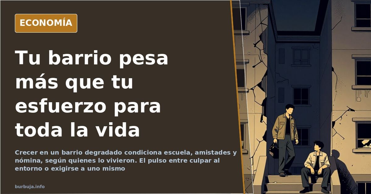 Bloques de viviendas antiguas con fachadas desconchadas y aceras rotas en un barrio obrero degradado