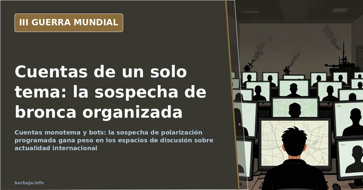 Ilustración desaturada de una sala de servidores con pantallas que muestran cuentas y mapas de conflicto al fondo