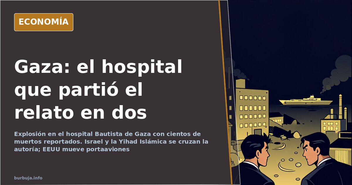 Ilustración editorial de un hospital dañado en Gaza sobre un mapa de Oriente Medio con portaaviones y gráficos de víctimas re
