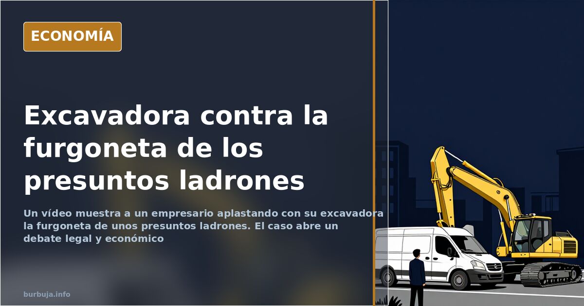 Excavadora aplastando la furgoneta de unos presuntos ladrones junto a la puerta de una propiedad privada