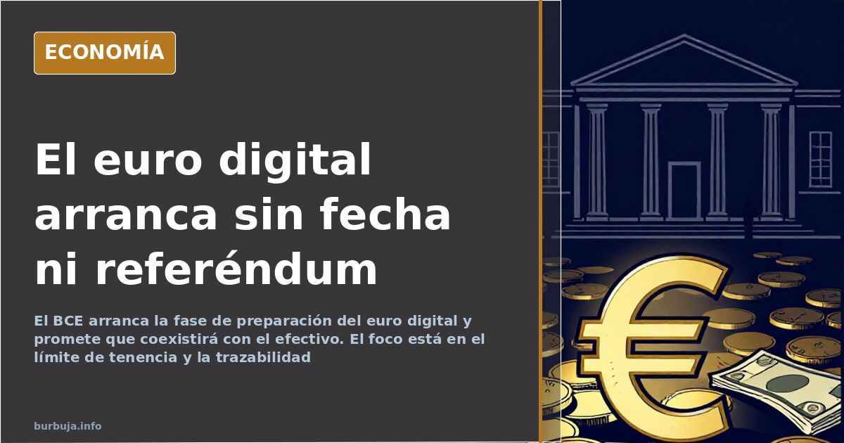 Ilustración editorial del euro digital con un símbolo de euro dorado frente a monedas y billetes que se difuminan