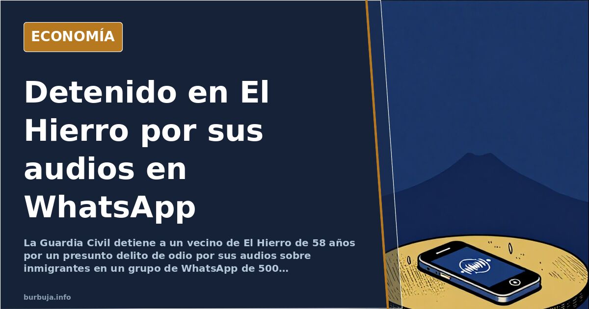 Ilustración editorial de un teléfono móvil reproduciendo audios de un grupo de WhatsApp frente al paisaje volcánico de El Hie