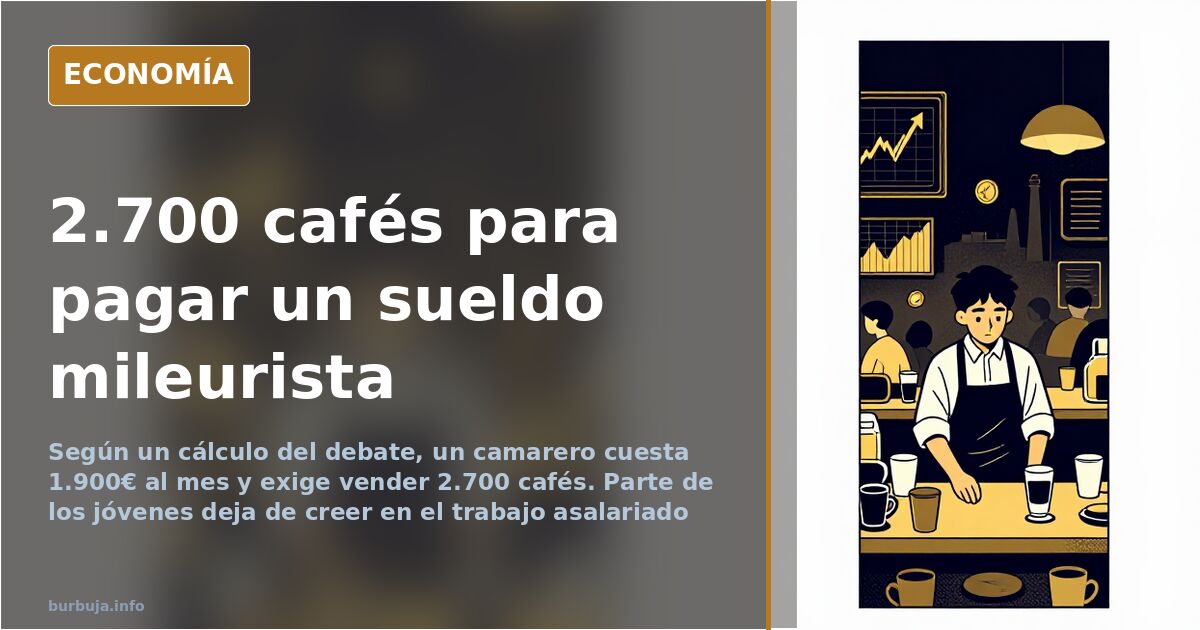 Ilustración editorial con gráficos en descenso, monedas y una taza de café servida sobre la barra de un bar