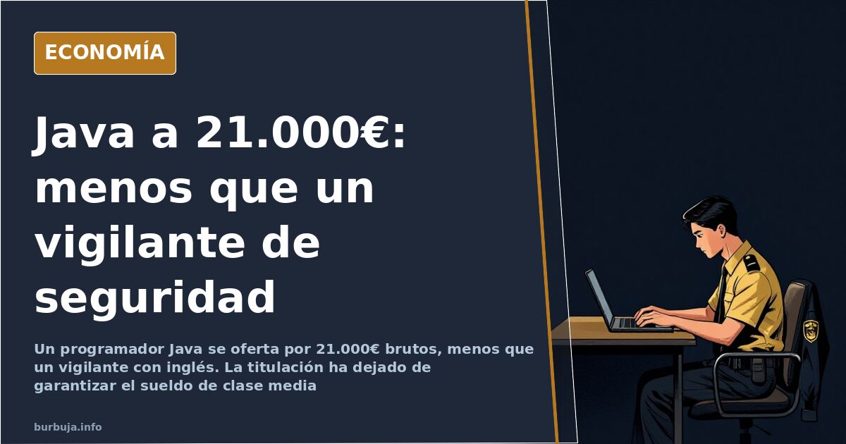 Sobre de nómina y teclado de programador Java frente a la figura de un vigilante de seguridad, escena sobre la brecha salaria