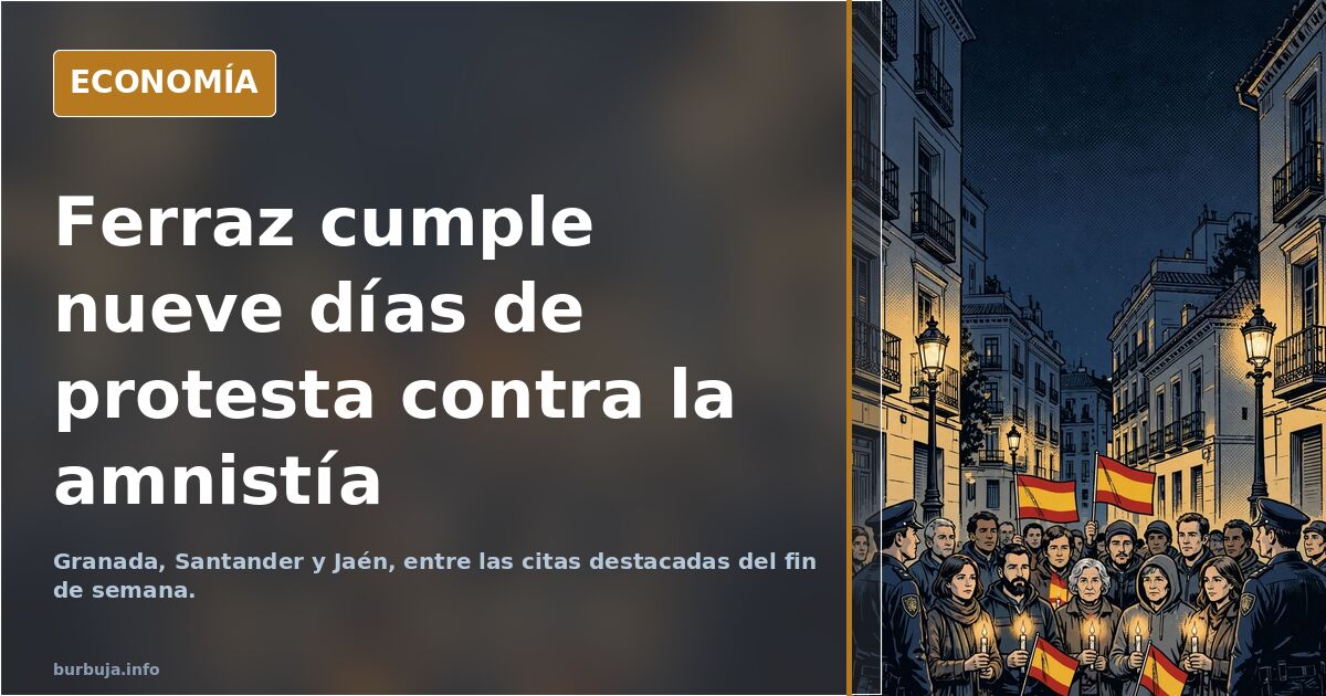Concentración contra la amnistía ante la sede del PSOE en la calle Ferraz de Madrid, con pancartas y banderas al anochecer