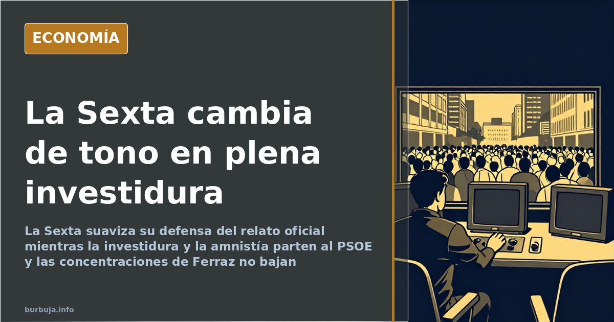 Plató de televisión con focos y pantallas al fondo como símbolo del cambio de relato mediático en la investidura