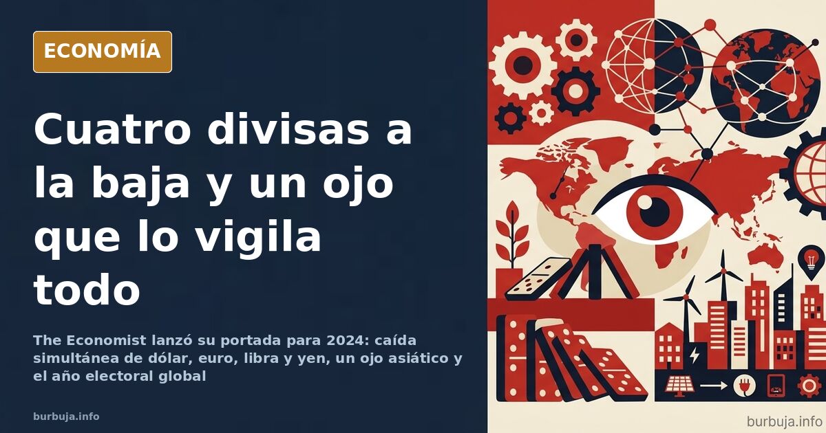 Portada de The Economist 2024 con Zelenski y Putin, una urna electoral, un ojo que todo lo ve y la caída de las divisas