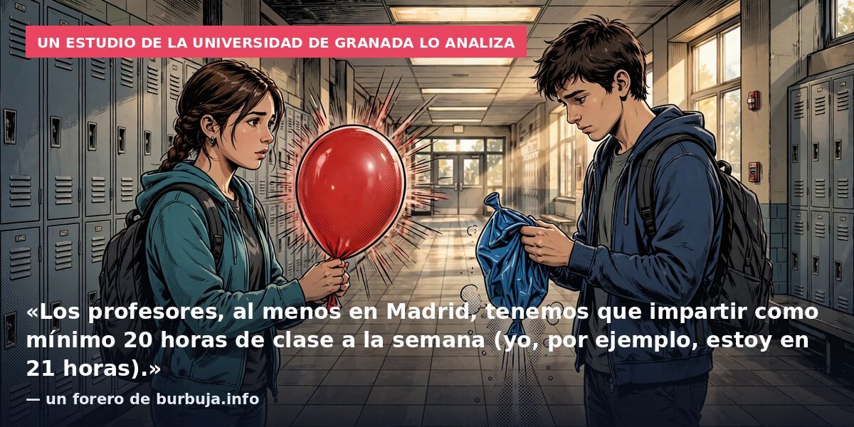 Un estudio de la Universidad de Granada lo analiza: «Los profesores, al menos en Madrid, tenemos que impartir como mínimo 20 horas de clase a la semana (yo, por ejemplo, estoy en 21 horas).» — un forero de burbuja.info