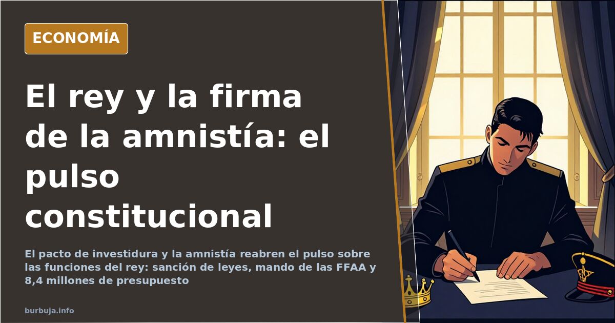 Ilustración editorial de una mano firmando un documento oficial junto a una corona sobre la Constitución española