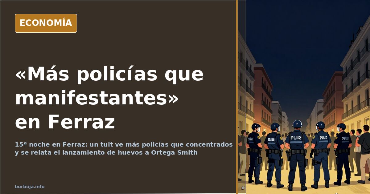 Vista nocturna de la calle Ferraz de Madrid con furgonetas policiales y manifestantes junto a la sede socialista