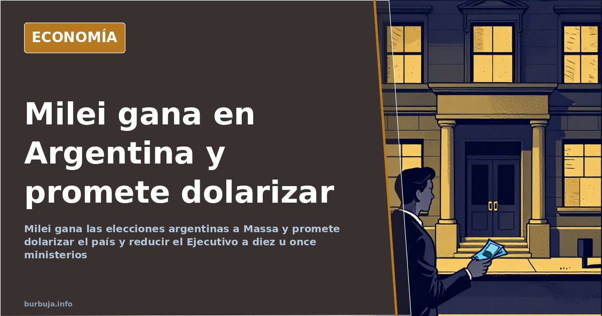 Urna y gráfico de barras en azul marino y dorado sobre las elecciones argentinas que dieron la victoria a Milei