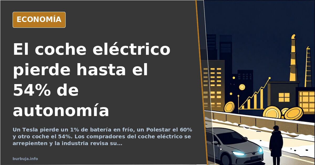 Coche eléctrico aparcado con el indicador de batería bajo sobre un gráfico de autonomía en descenso