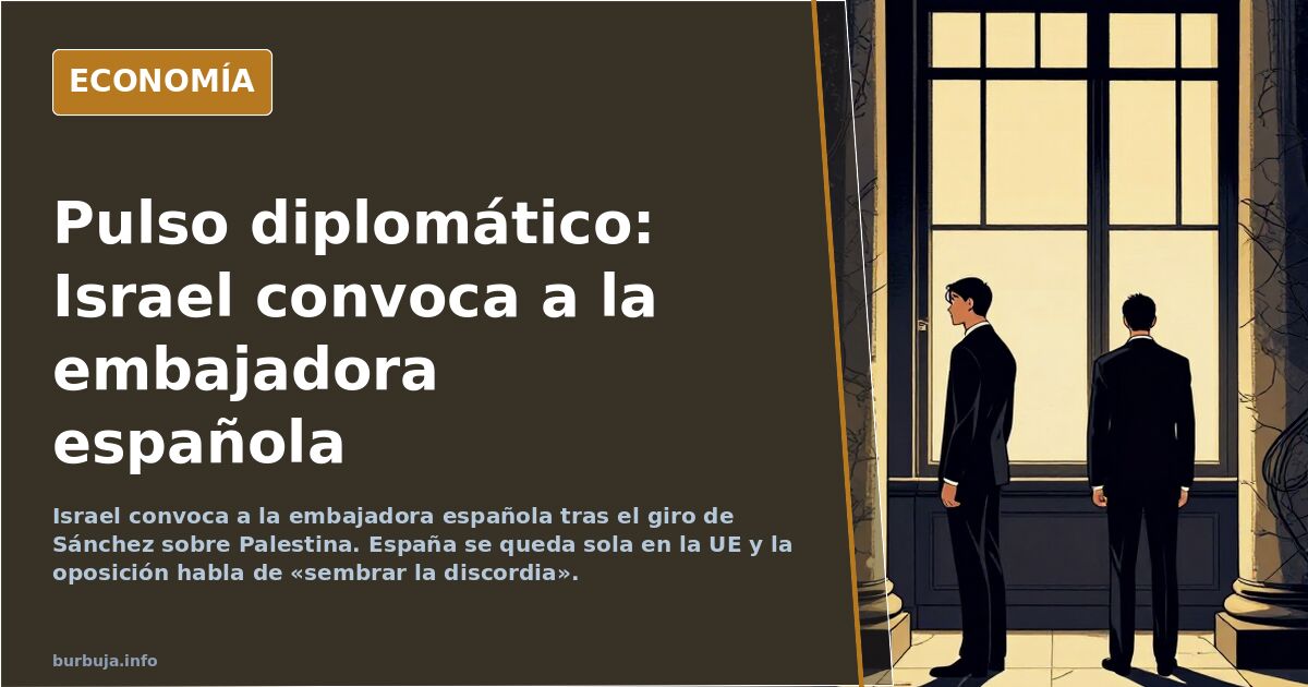 Ilustración editorial de una bandera española y una israelí separadas por una grieta diplomática sobre un mapa de Oriente Pró