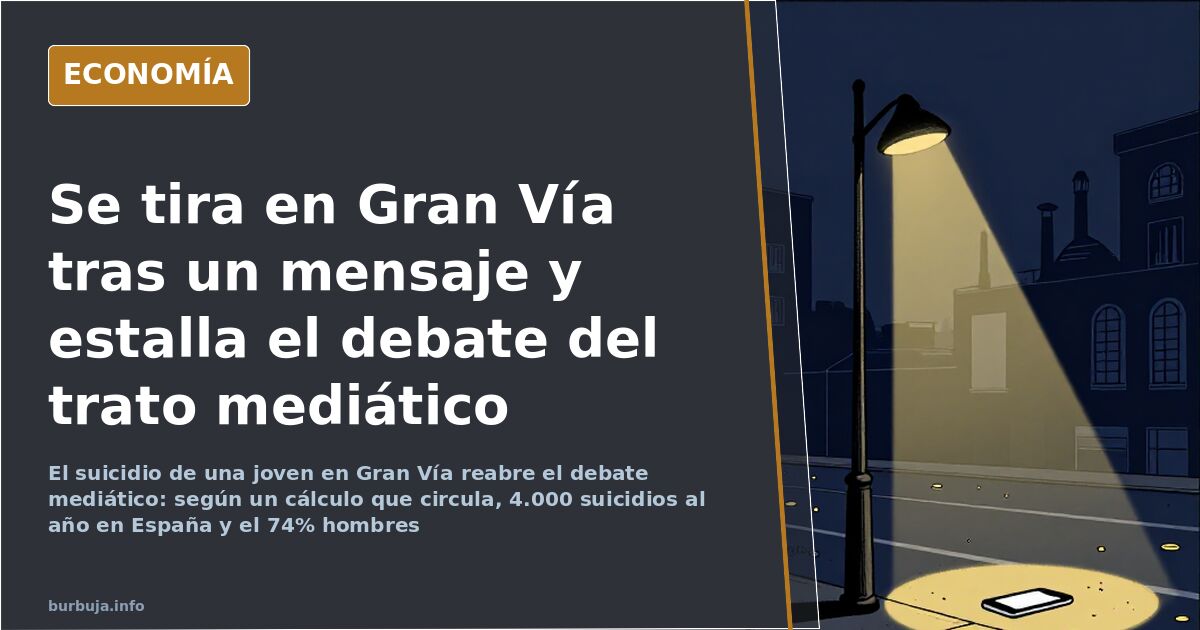 Ilustración editorial sobria de un edificio urbano madrileño con datos estadísticos y siluetas neutras evocando el debate sob