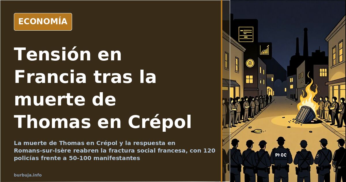 Infografía editorial en azul marino y dorado sobre la tensión social en Francia tras la muerte de Thomas en Crépol